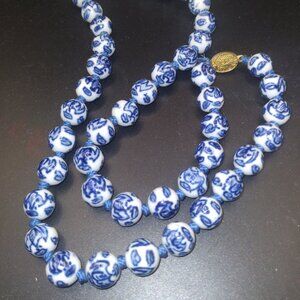 Vintage Chinese Export Sterling Porcelain Knotted Bead Necklace 24''